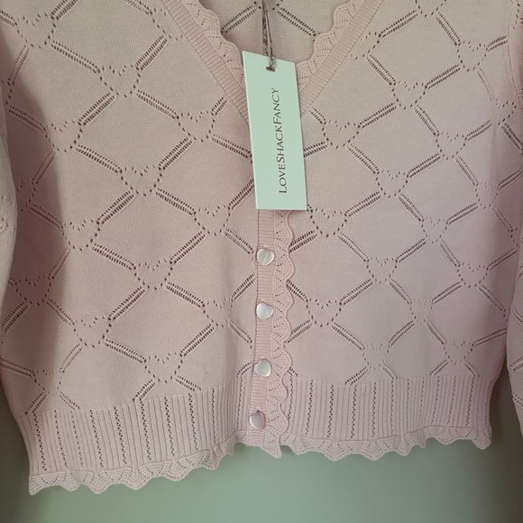 NWT LoveShackFancy Petra Knit Pointelle Heart Argyle Cardigan Velour Pink | S - Picture 6 of 11